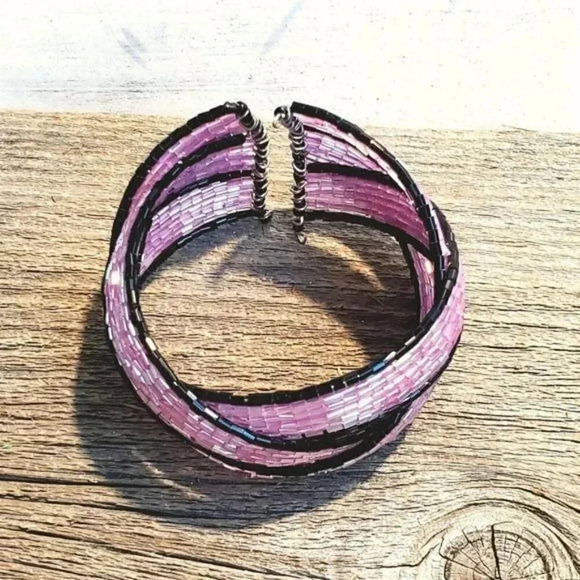 Pink Black Vintage Y2K 90s Striped Pretzel Memory Wire Cuff Bracelet Barbie Core - Picture 5 of 8